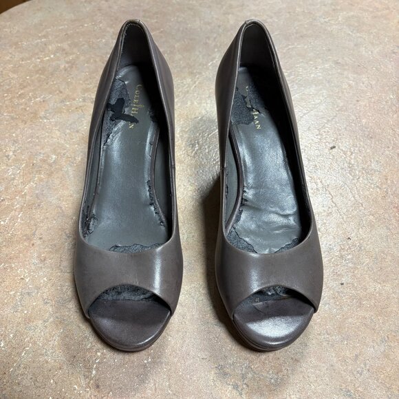 Cole Haan Sadie Open Toe Wedge Heels Size 9.5 Taupe Leather Classic - Picture 7 of 13